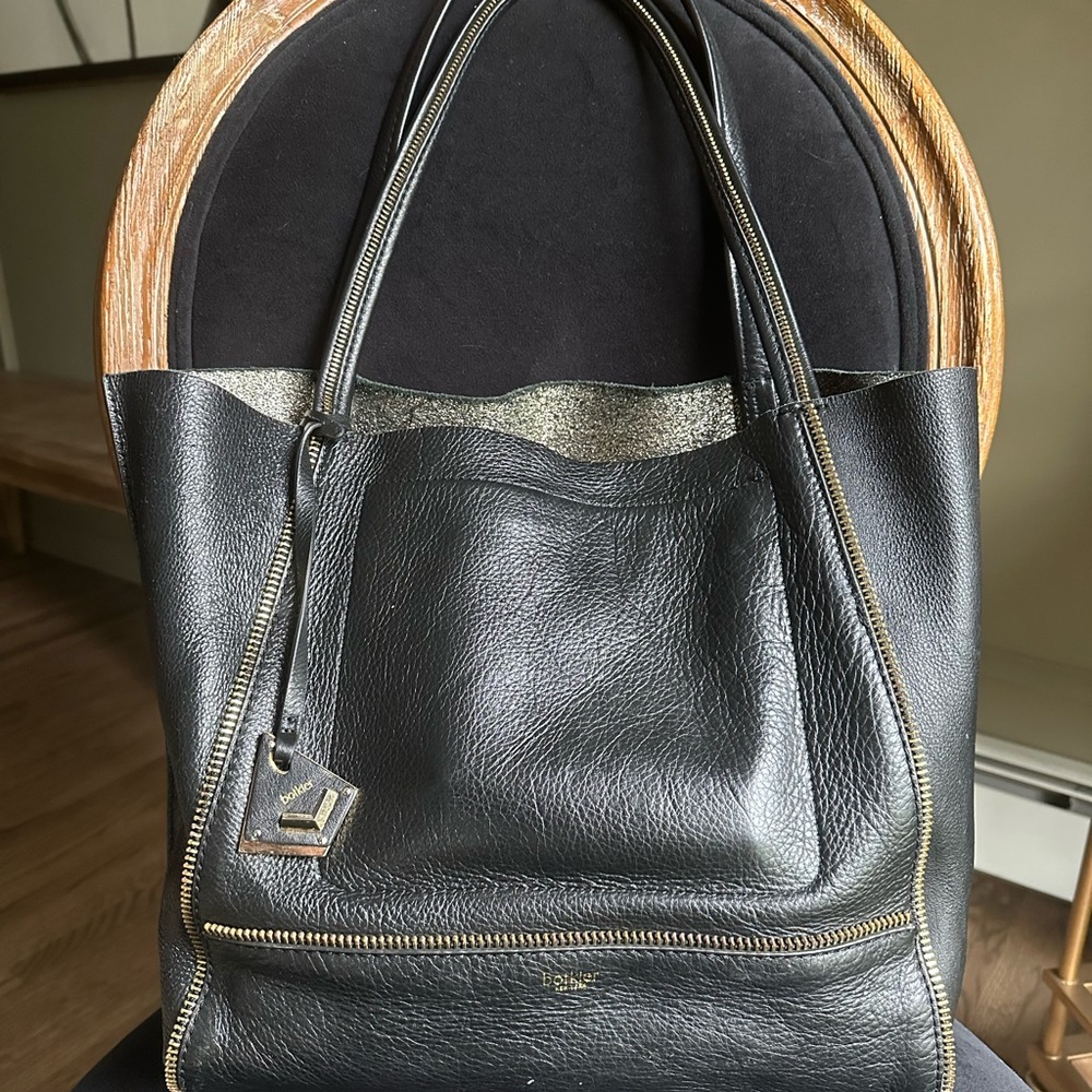 Botkier Black Leather Tote with zipper trim detail